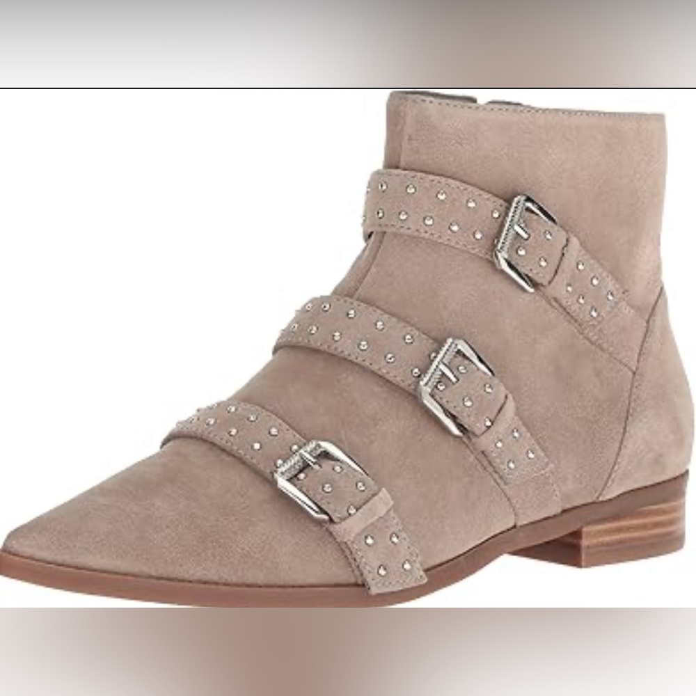 Pointed toe multi straps studded suede taupe ankle boot